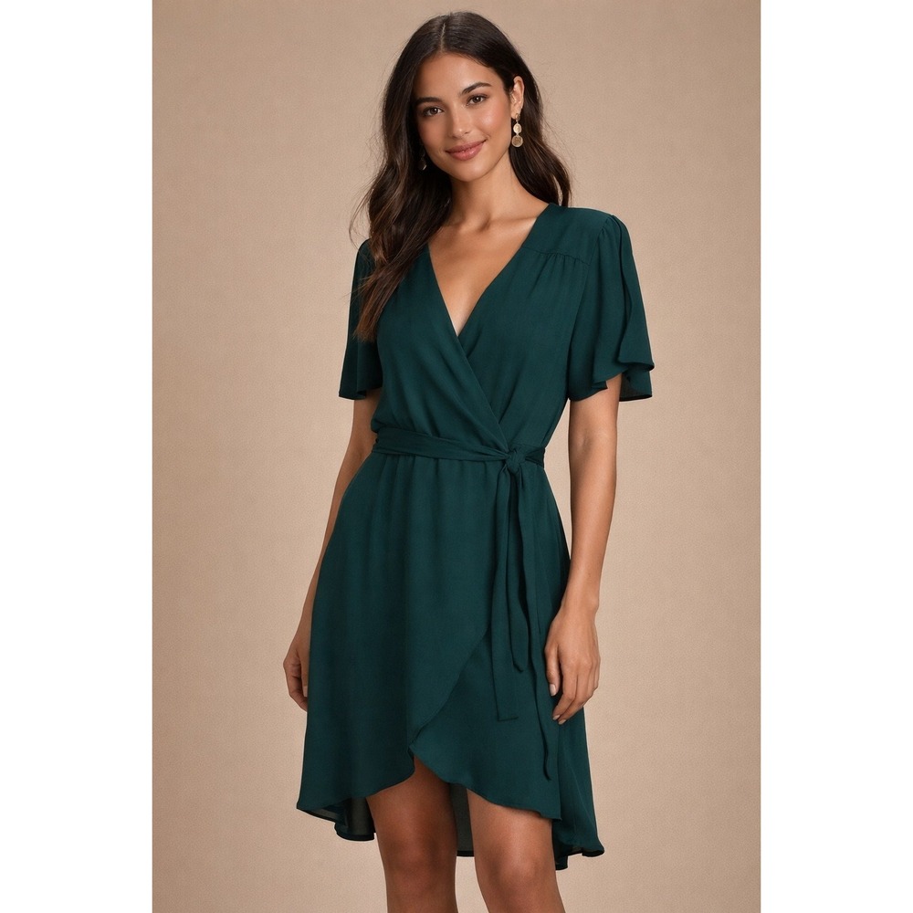 Lulus Dark Green Wrap Dress NWT Size M Flowy V-Neck